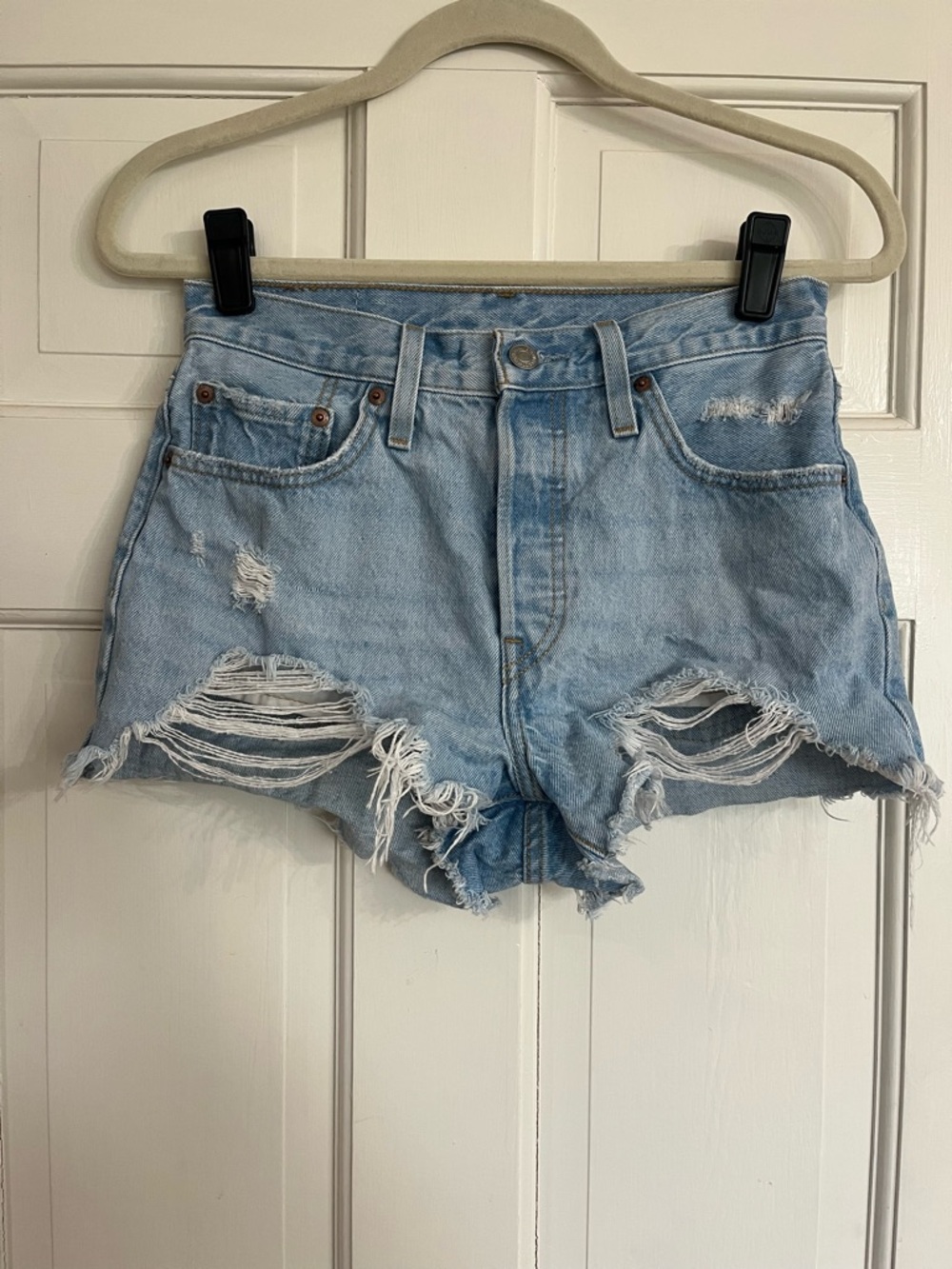 Levi's Light Blue Distressed High-Rise Denim Shorts